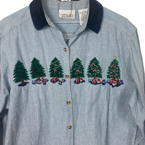 Casey & Max Christmas Shirt Blouse Womens Large Embroidered Christmas Trees VTG - Picture 2 of 10